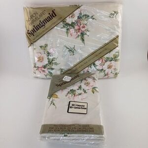 Vtg Springmaid Marvelaire Double Fitted Sheet 54x76 W/2 Pillow Cases Floral NOS
